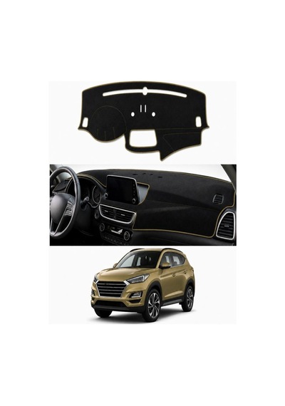 Hyundai - Tucson Ekranli 2018+ Uyumlu Torpido Koruma Kılıfı - Taba Şeritli