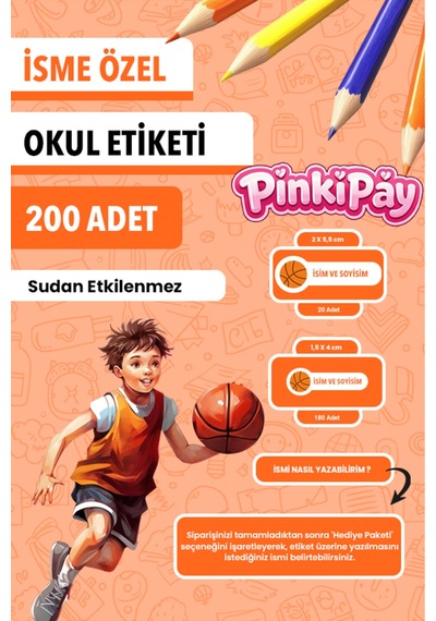 İsim Yazılabilir Basketbol Temalı Okul Etiketi Kalem & Defter İçin 200 Adet Çoklu