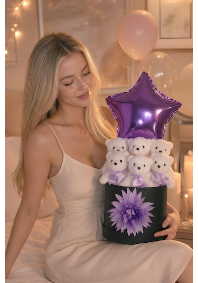 Lüks Mor Yıldız Balonlu 6'lı Peluş Ayıcık Hediye Kutusu Sevgiliye, Kıza Romantik Hediye