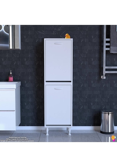 Eliusta Veluna 45 Cm Kirli Çamaşır Sepetli Dolap Banyo Dolabı Beyaz 45x138x32,5 Cm 2 Sepetli Dolap Beyaz