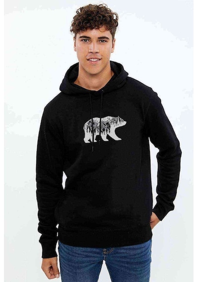 Silhouette California Bear Baskılı Siyah Erkek Kapşonlu Sweat