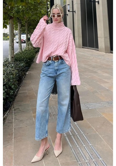De Pose Pembe Balıkçı Yaka Örme Triko Kazak