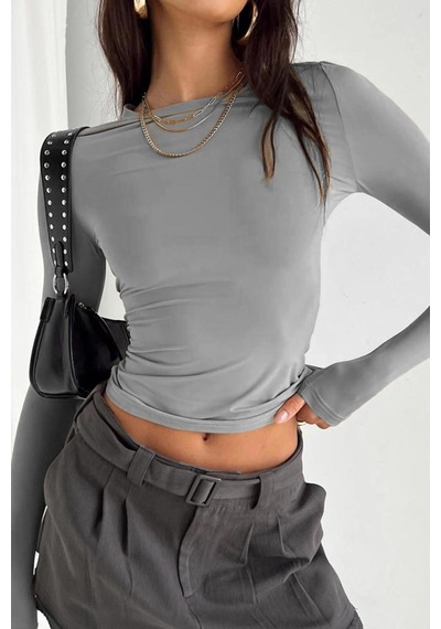 Madmext Boyalı Gri Bisiklet Yaka Basic Uzun Kollu Body Mg1701-boyalı Gri