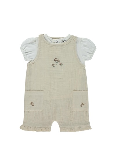 Civil Baby Cepli Çiçek Nakış 6-18 Ay Patiksiz Tulum - Bej Açık Bej