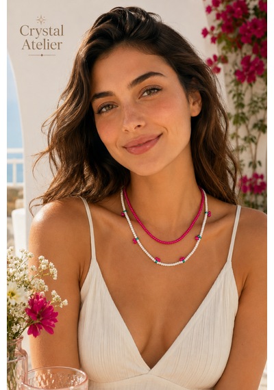 Crystal Atelier 2'li Pembe Kiraz Boncuk Kolye Seti El Yapımı Kum Boncuk Beyaz Pembe İkili Choker Kombini Meyve Temalı Hediyelik Kolye Pembe - Beyaz