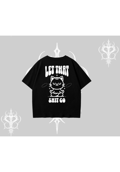 Tarzsokak Meditasyon Yapan Kedi Baskılı Oversize Tshirt Siyah