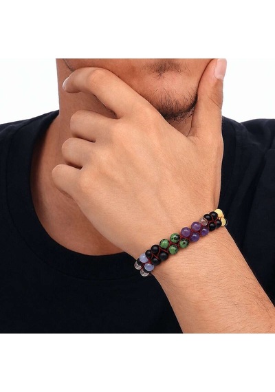 Çift Sıra Makrome Örgülü Küre Kesim Çoklu Doğaltaş Kombinli Erkek Çok Renkli