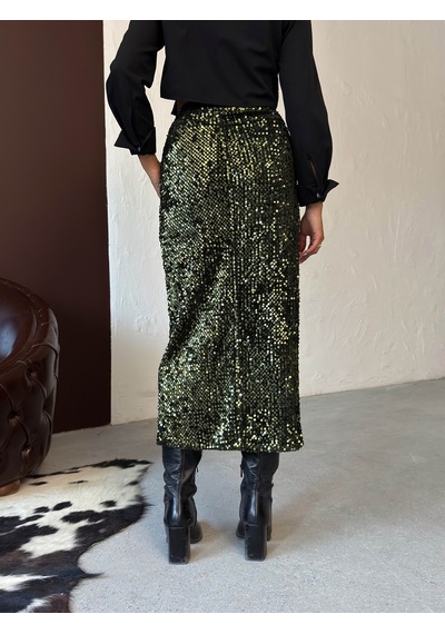 Verymoda Pullu Kadife Uzun Etek F2053 Haki
