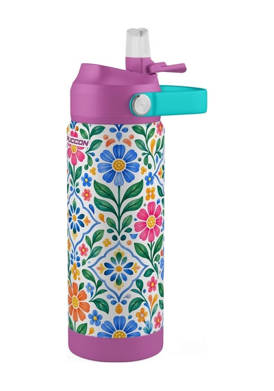 Puccon 540 Ml Çiçek Desenli Yeşil - Mor Kız Çocuk Pipetli Çelik Termos Matara/suluk - 60065