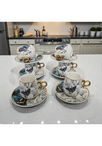 Sudedi Home Floral Renkli Yaldızlı 6 Kişilik Kahve Fincan Takımı Çok Renkli