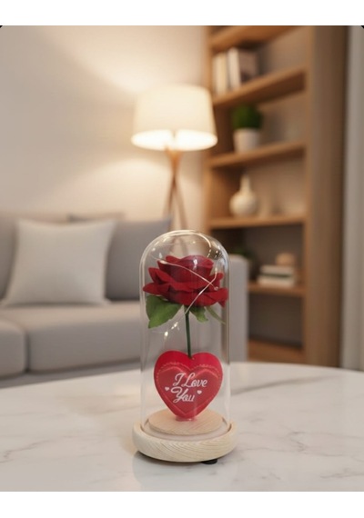Işıklı Kalpli Güllü Özel Cam Fanus Seni Seviyorum Yazılı Ledli 17 Cm Kırmızı