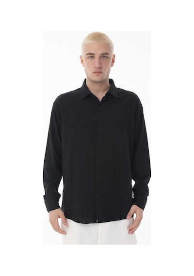 Rocqerx R-6044 Ayaklı Yaka Uzun Kol Keten Gömlek Siyah