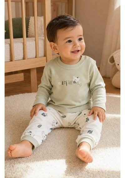 Ferasty İstanbul Unisex Bebek Pijama Takımı Ayıcık Baskılı Yeşil