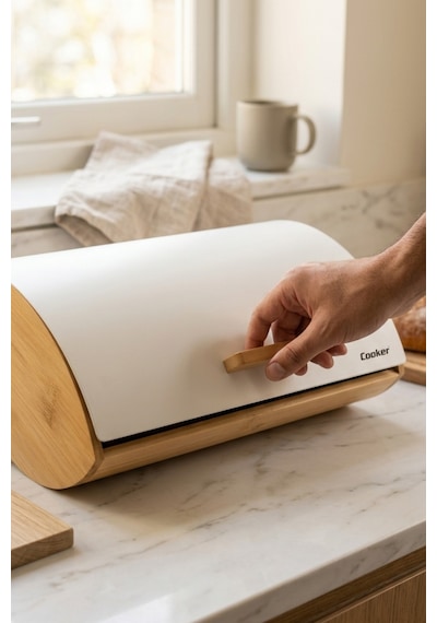 Cooker Novella Metal Kapaklı Bambu Ekmek Kutusu Ckr4543 Beyaz