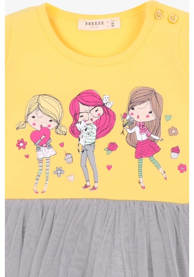 Breeze Kız Çocuk Uzun Kollu Elbise Baskılı 1.5-5 Yaş, Sarı