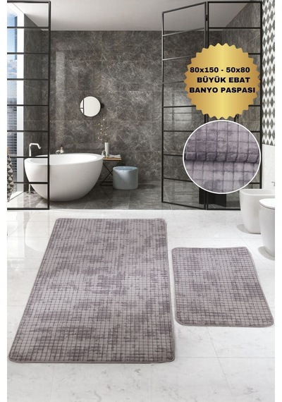 Kare Plus Gri Büyük Ebat 80x150 + 50x80 Cm 2'li Banyo Paspası Yıkanabilir Klozet Takımı Gri