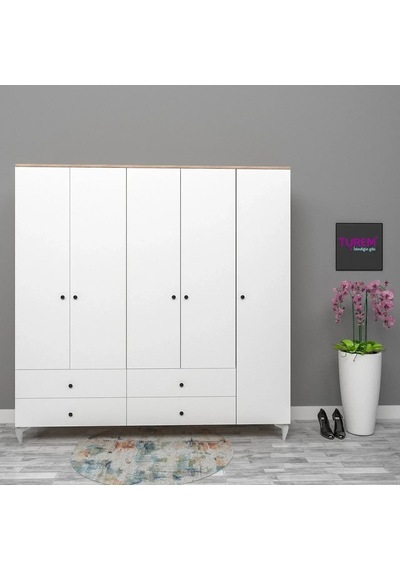 5 Kapılı Oval Kulplu Gardırop Mdf Beyaz