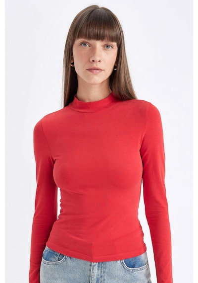 Defacto Kırmızı Slim Fit Dar Kesim Yarım Balıkçı Yaka Casual Basic Düz Uzun Kollu Tişört D3575AX24AURD227 Kırmızı