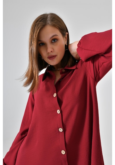 Bordo Ahşap Düğmeli Tunik Bordo