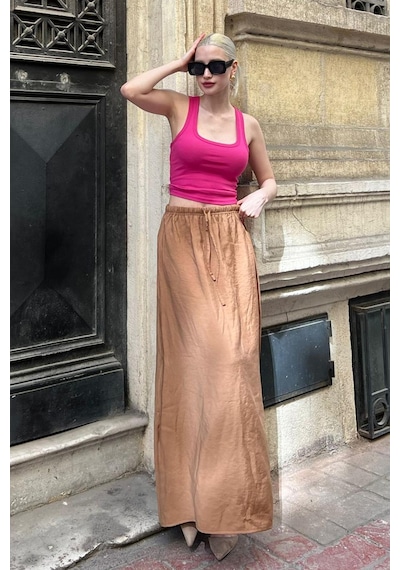 Madmext Camel Beli Lastikli Uzun Kadın Etek Mg1979 Camel