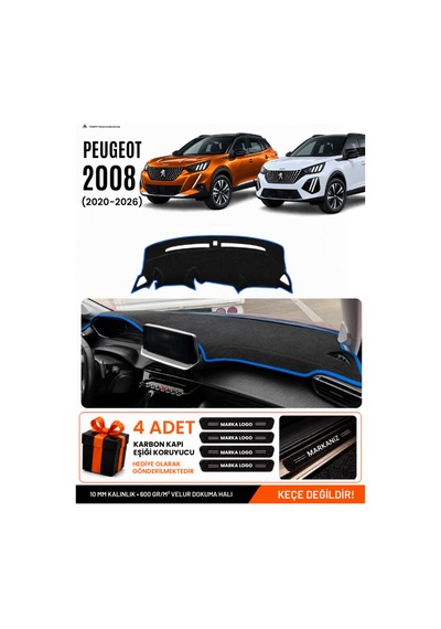 Peugeot 2008 2020-2026 Uyumlu Torpido Koruma, Torpido Örtüsü, Torpido Kılıfı - Siyah Mavi
