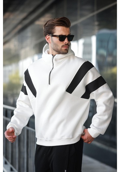Madmext Ekru Fermuarlı Yaka Kapüşonlu Erkek Sweatshirt E7161 Ekru