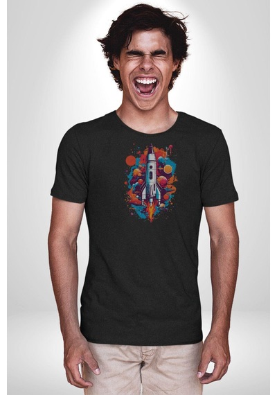 Uzay Aracı Roket Unisex Unisex Siyah Organik Baskılı T-shirt Penye Yüksek Kalite Siyah