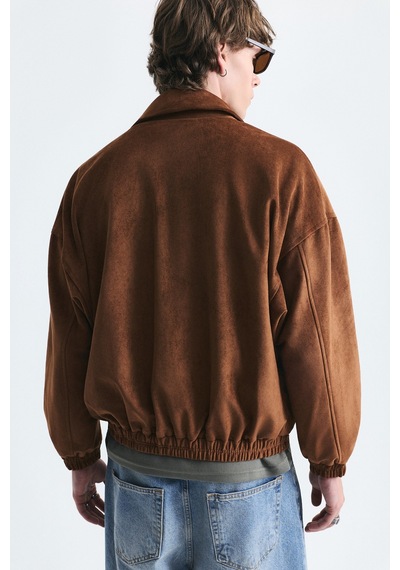 Vamos Oversize Polo Yaka Suni Süet Mont Camel