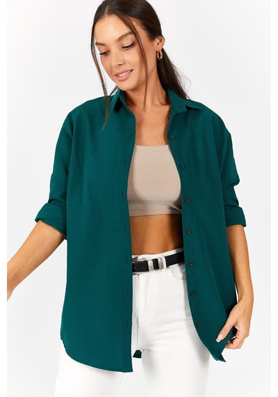 Armonika Kadın Koyu Yeşil Oversize Uzun Basic Gömlek Arm-22y001118