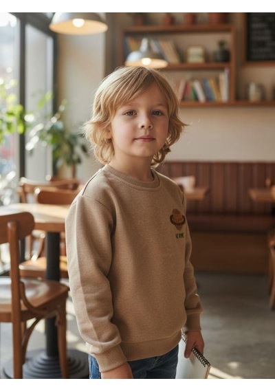 Zekids Erkek Çocuk Pamuklu Gezegen Baskılı Batik Sweatshirt-16332 Bej