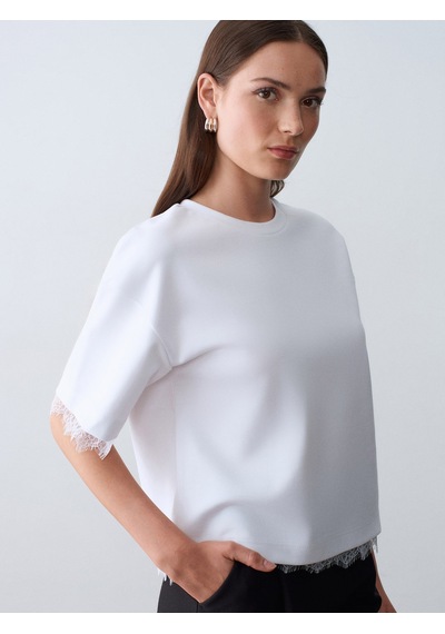 Dilvin 32826 Dantel Detaylı Kısa Kollu T-shirt-beyaz