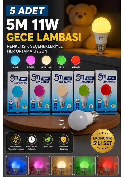 5 Adet Çocuk Odası Gece Lambası Akıllı Gece Lambalı Led Ampul 11w Beyaz +renkler Tasarruflu Çift Mod