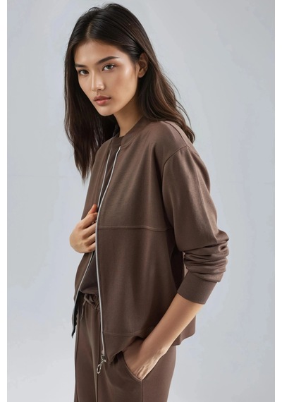 Fiolin Modal Dokulu Fermuarlı Sweatshirt & Nervürlü Pantolon Takımı Cappuchino
