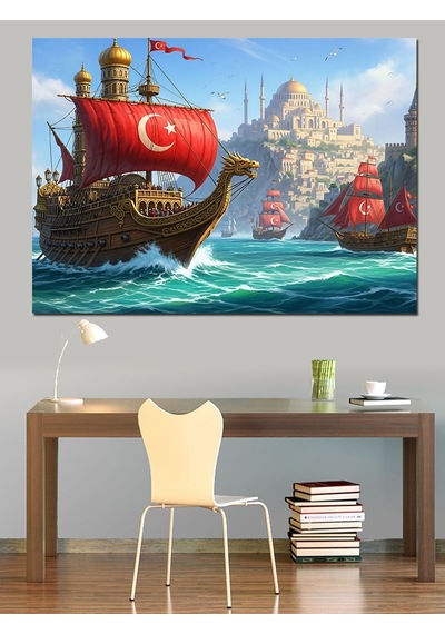 Türk Bayraklı Tarihi Gemi Dekoratif Kanvas - Mdf Ahşap Tablo