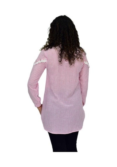 Kadın Çizğili Keten Gömlek Bgl-st03706 Pembe