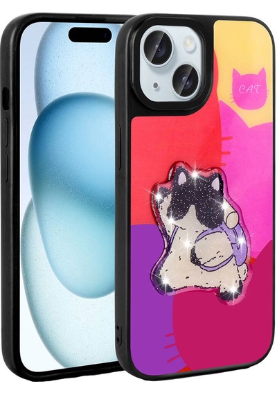 Apple iPhone Uyumlu 15 Kılıf Parlayan Kabartmalı İkonik Figürlü Klfs Amas Silikon Kapak - Siyah Siyah