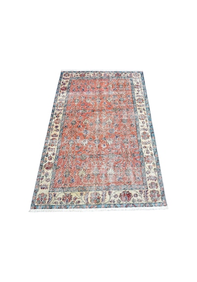 Zehra Abla Halı Vintage El Dokuma Turuncu Nadir İnce Çiçekli Yün Halı 7355 Çok Renkli