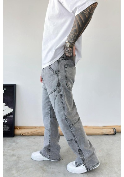 Gri Tasarım Paça Fermuar Detay Baggy Pantolon
