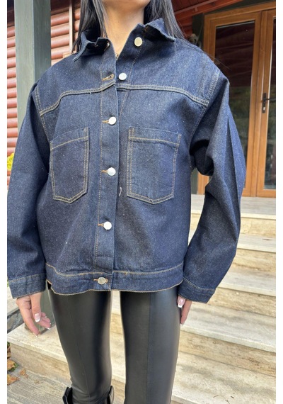 Lacivert Denim Color, Apaş Yaka, Çift Cepli, Kaliteli Jeans Kumaş, Salaş Kot Ceket Lacivert