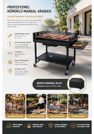 Pro Lüks Dev Kömürlü Mangal Barbekü Arabası Hediye Koruyucu Örtü 137 X 68 X 94 Cm Siyah