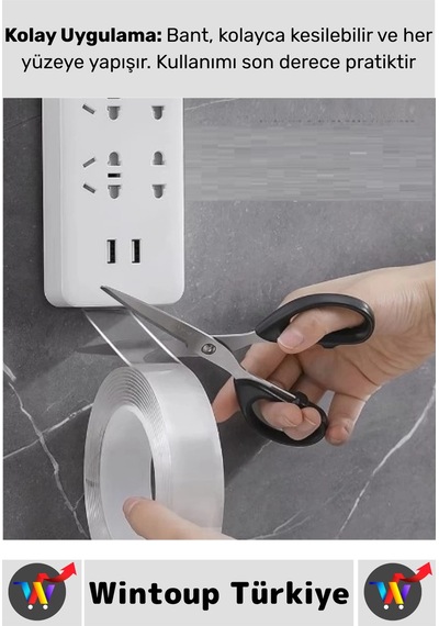 Ultra Güçlü Esnek Kesilebilir Kolay Kullanım Estetik Çift Taraflı Nano Şeffaf Bant 3 Cmx2 Metre 5 Ad