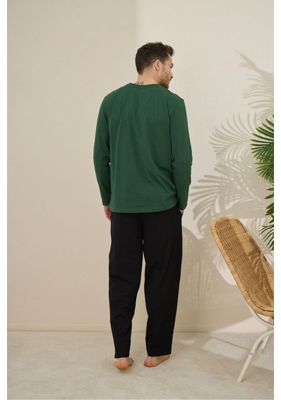 Formo Erkek %100 Pamuk Uzun Kollu Baskılı Kaliteli Pijama Takımı Yeşil