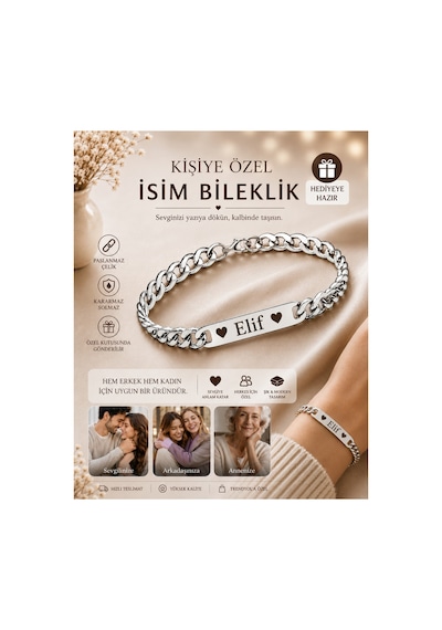 Kişiye Özel Bileklik Sevgili,arkadaş Plakalı Tek Nomi İstenilen Yazı Yazılabilir Anneler Günü Gri