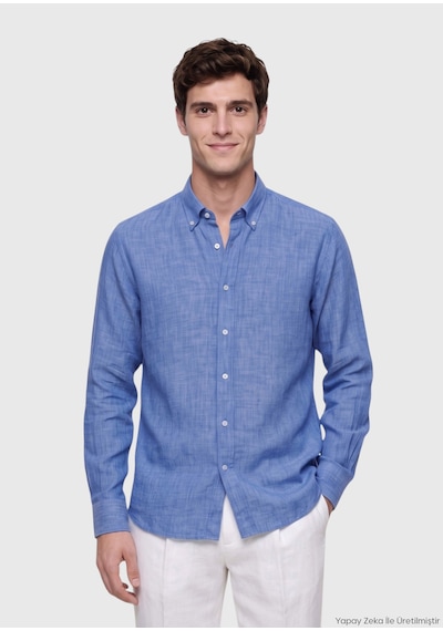 Ramsey Koyu Mavi Düz Casual Fit Uzun Dokuma Casual %100 Keten Gömlek