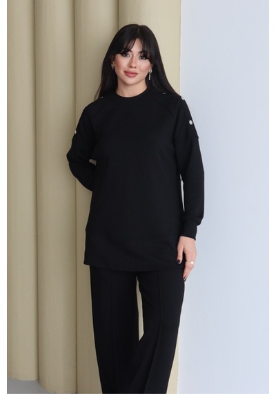 Balenbi Omuz Çıtçıt Detaylı Bisiklet Yaka Oversize Modal Tesettür Takım 1178 Siyah