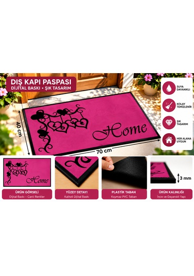 Home Sweet Home Pembe Kapı Önü Paspası Dijital Baskılı, Kaymaz Pvc Tabanlı, İnce Ve Şık Tasarımlı İç Dış Kapı Paspası