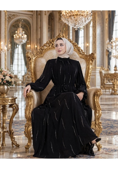 Balon Kollu Taşlı Su Abiye-siyah-5679