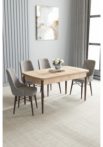 Zümra Serisi, Meşe Desen 80x132 Açılabilir Mdf Mutfak Masası Takımı 4 Adet Sandalye Gri