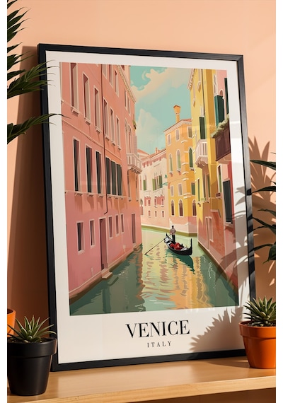 Venice Italy Vintage Seyahat Posteri Çerçeveli Tablo - Premium Venedik Kanal Elit Duvar Dekoru Siyah