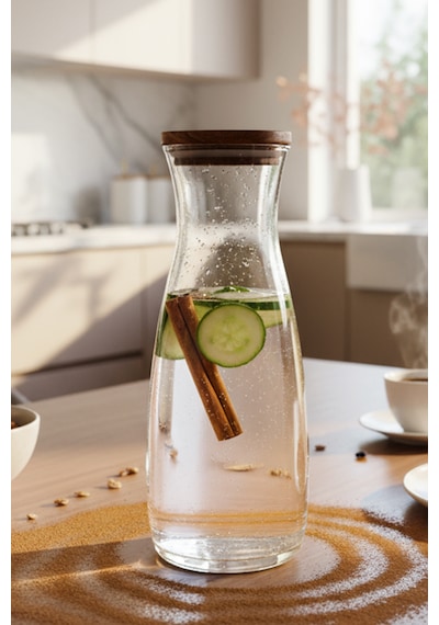 Snippy Nur - Ahşap Kapaklı Cam Sürahi Karaf 1180 Ml